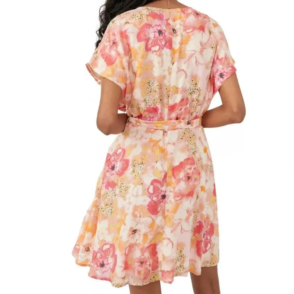 FREE PEOPLE Freddy Tie Waist Minidress Watercolor Floral Print Pink Women’s XS